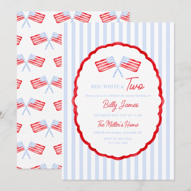 Preppy Boys Red White & Two Patriotic Birthday Invitation (Front/Back)