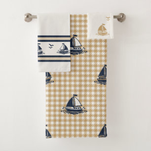 Preppy Boys Sailboat Gingham - Navy & Khaki Bath Towel Set