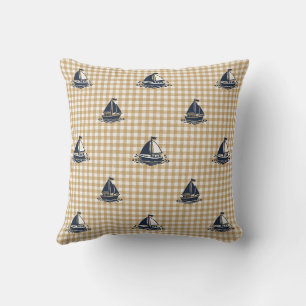 Preppy Boys Sailboat & Gingham Navy & Khaki Throw Pillow