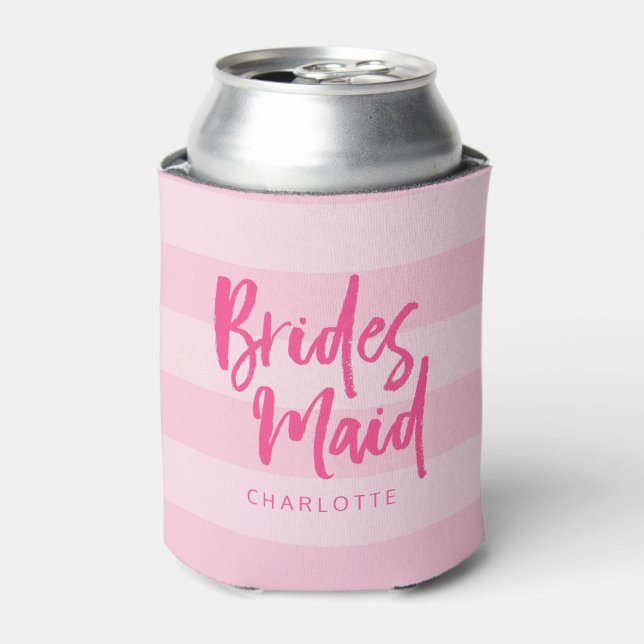 Preppy Bridesmaid Name Pink Stripes Can Cooler (Can Front)