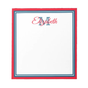 Preppy Bright Red and Marine Blue Monogram Notepad