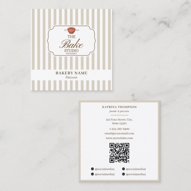 Preppy Brown & Beige Stripes Bakery Logo QR Code Square Business Card (Front/Back)