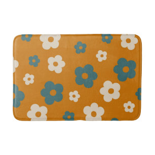 Preppy Brown Blue Floral Simple Flower Pattern Bath Mat