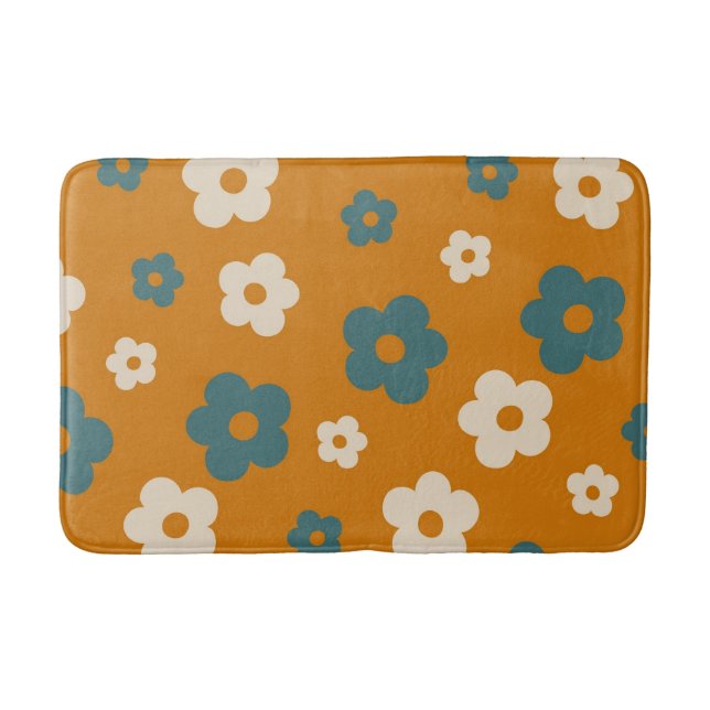 Preppy Brown Blue Floral Simple Flower Pattern Bath Mat (Front)