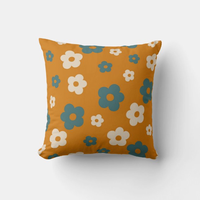 Preppy Brown Blue Hippie Flower Pattern Throw Pillow (Front)