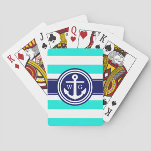 Preppy Brt Aqua Stripe Anchor Monogram, Navy Blue Playing Cards