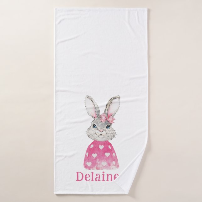 Preppy Bunny Rabbit Pink Heart Bow Custom Bath Towel (Bath Towel)