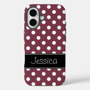 Preppy Burgundy and White Polka Dots Personalized iPhone 16 Case