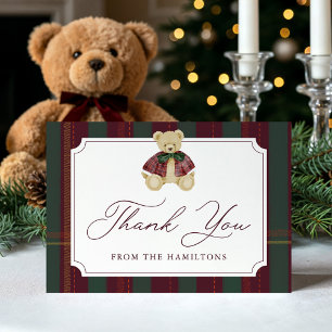 Preppy Burgundy Plaid Teddy Bear Baby Shower Thank You Card