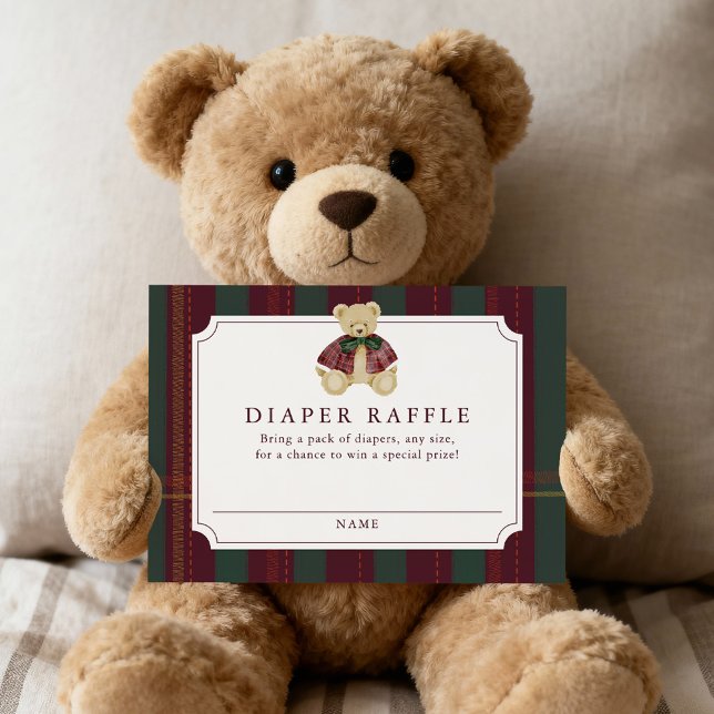 Preppy Burgundy Plaid Teddy Bear Diaper Raffle Enclosure Card (Creator Uploaded)