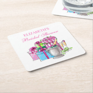 Preppy Champagne Gifts Roses Custom Bridal Shower Square Paper Coaster