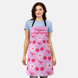 Preppy Cherries with Red Bows and Flowers Name Apron
