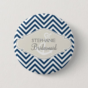 Preppy Chevron Stripe Modern Nautical Anchor 2 Inch Round Button