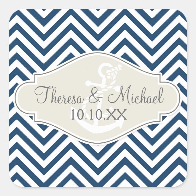 Preppy Chevron Stripe Modern Nautical Anchor Square Sticker (Front)