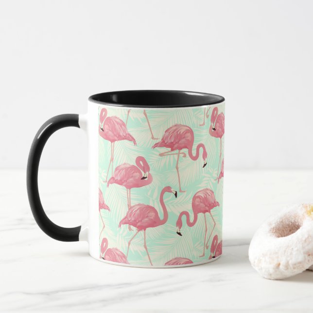 Preppy Chic Elegant Pink Flamingo Pattern Mug (With Donut)