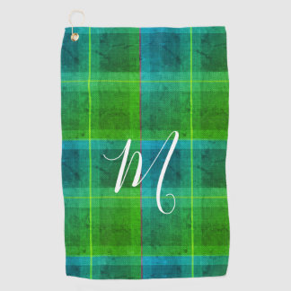 Preppy chic initial green & blue tartan plaid golf towel