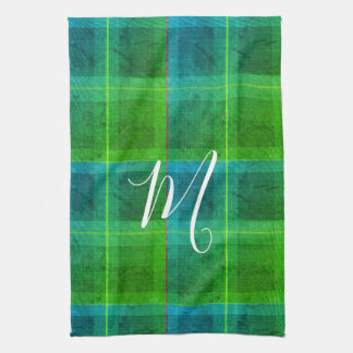 Preppy chic initial green & blue tartan plaid kitchen towel