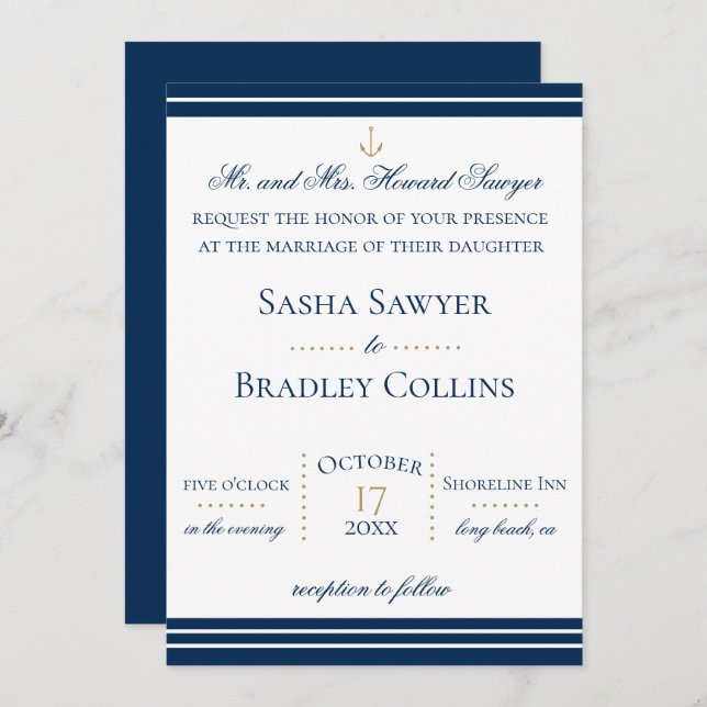 Preppy Chic Navy Nautical Wedding Invitation (Front/Back)