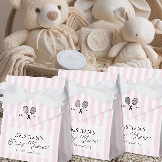 Preppy Chic Pink Stripes Baby Shower Tennis Theme Favor Box (elegant pink stripes preppy chic tennis theme baby shower favor boxes envelopes for thank you gifts)