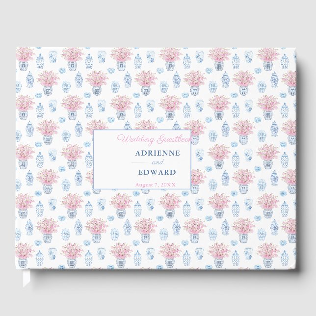 Preppy Chinese Jars Navy Blue and Pink Wedding Guest Book (Front)