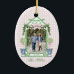 Preppy Chinoiserie Christmas Pagoda Monogram  Ceramic Ornament<br><div class="desc">This Christmas Ornament has a Preppy Chinoiserie design featuring a green bamboo pagoda frame with a Christmas swag with a pink bow and two topiaries in Chinoiserie pots. You can personalize with a name the year and your photo.</div>