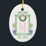 Preppy Chinoiserie Christmas Pagoda Monogram  Ceramic Ornament<br><div class="desc">This Christmas Ornament has a Preppy Chinoiserie design featuring a green bamboo pagoda frame with a Christmas wreath with a pink bow and two topiaries in Chinoiserie pots. You can personalize with a name and your initial.</div>