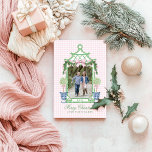 Preppy Chinoiserie Christmas Pagoda Monogram  Holiday Card<br><div class="desc">This Christmas Ornament has a Preppy Chinoiserie design featuring a green bamboo pagoda frame with a Christmas swag with a pink bow and two topiaries in Chinoiserie pots. You can personalize with a name the year and your photo.</div>