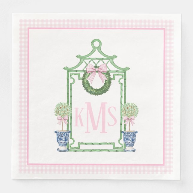 Preppy Chinoiserie Christmas Pagoda Monogram  Napkin (Front)