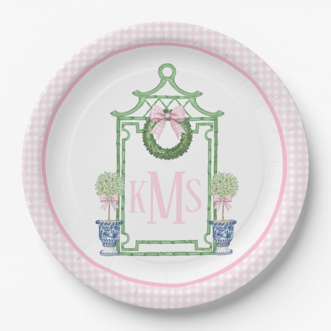 Preppy Chinoiserie Christmas Pagoda Monogram  Paper Plate (Front)