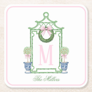 Preppy Chinoiserie Christmas Pagoda Monogram  Square Paper Coaster