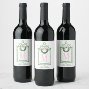 Preppy Chinoiserie Christmas Pagoda Monogram  Wine Label