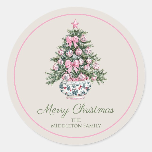 Preppy Chinoiserie Christmas Tree Personalized Classic Round Sticker (Front)