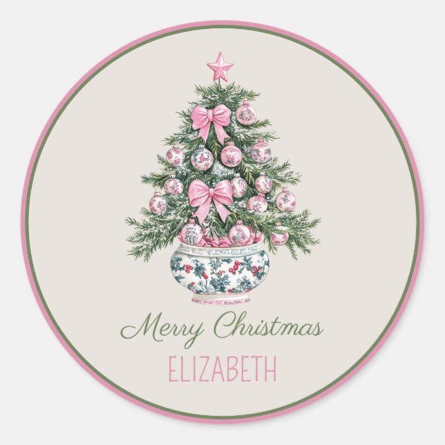 Preppy Chinoiserie Christmas Tree Personalized Classic Round Sticker (Front)
