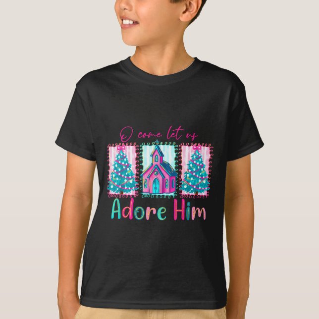 Preppy Christian Retro Christmas Oh Come Let Us Ad T-Shirt (Front)