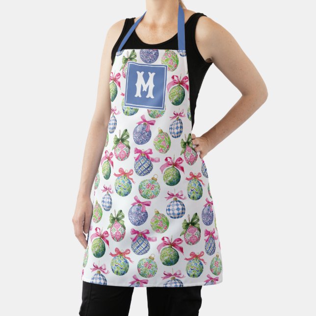 Preppy Christmas Baubles Ornaments Monogram Apron (Insitu)