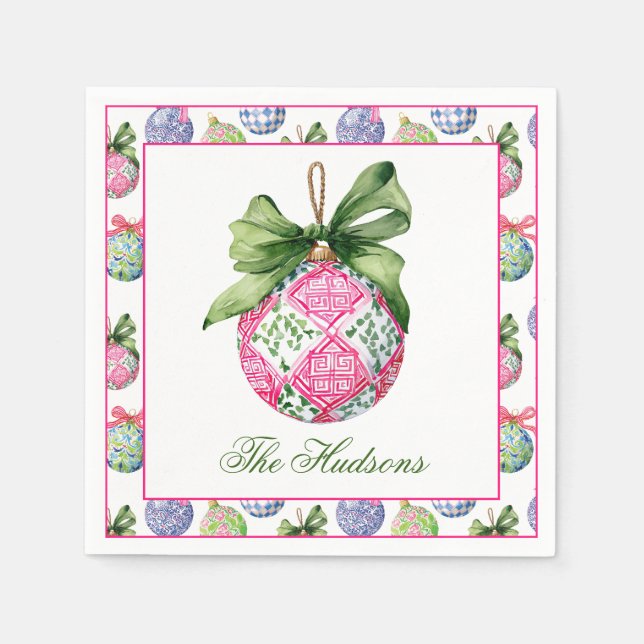 Preppy Christmas Baubles Ornaments Personalized Napkin (Front)