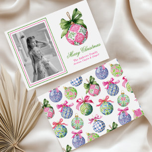 Preppy Christmas Baubles Ornaments Photo Holiday Card