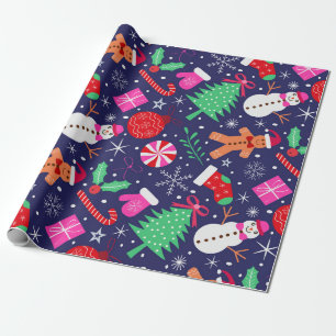 Preppy Christmas Characters with bows on dark blue Wrapping Paper