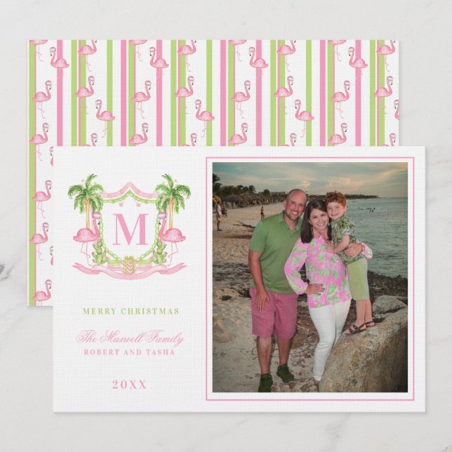 Preppy Christmas Flamingo Crest Monogram  Invitation (Front/Back)