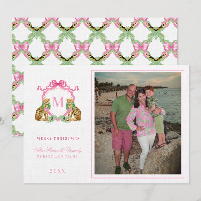 Preppy Christmas Leopard Crest Monogram  Invitation (Front/Back)
