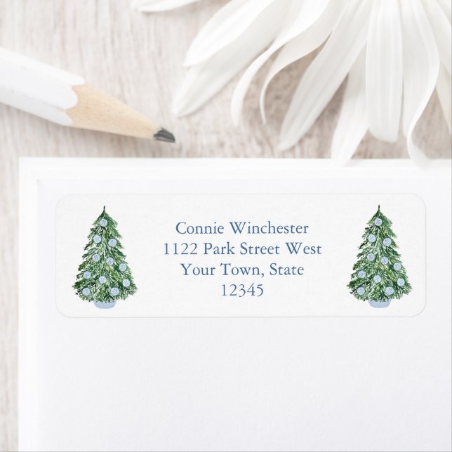 Preppy Christmas Tree Blue White Return Address (Insitu)