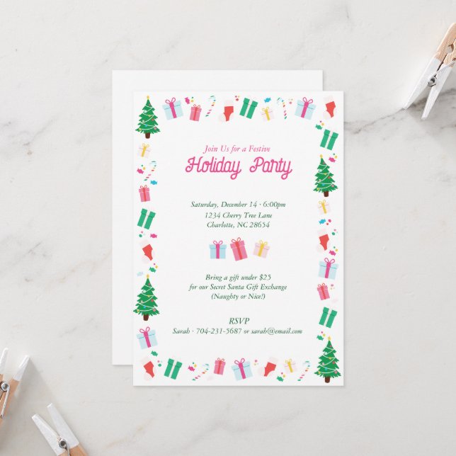 Preppy Christmas Tree Gift Candy Holiday Party Invitation (Front/Back In Situ)