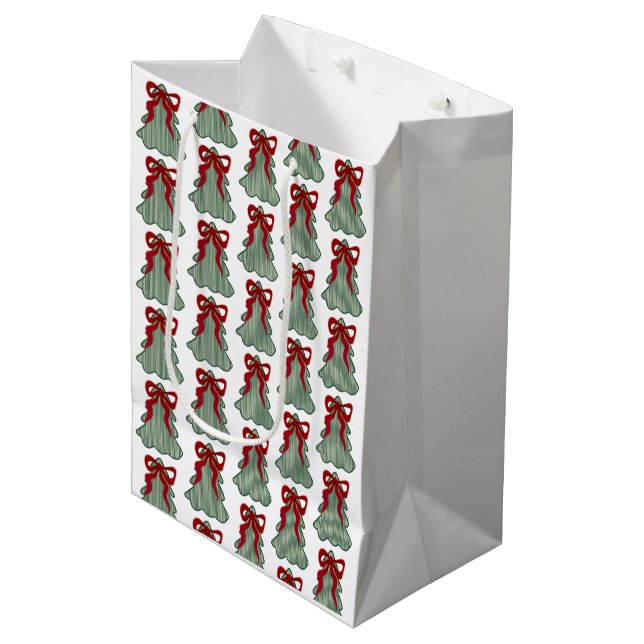 Preppy Christmas Tree Red Bow Hand Drawn Coquette  Medium Gift Bag (Front Angled)
