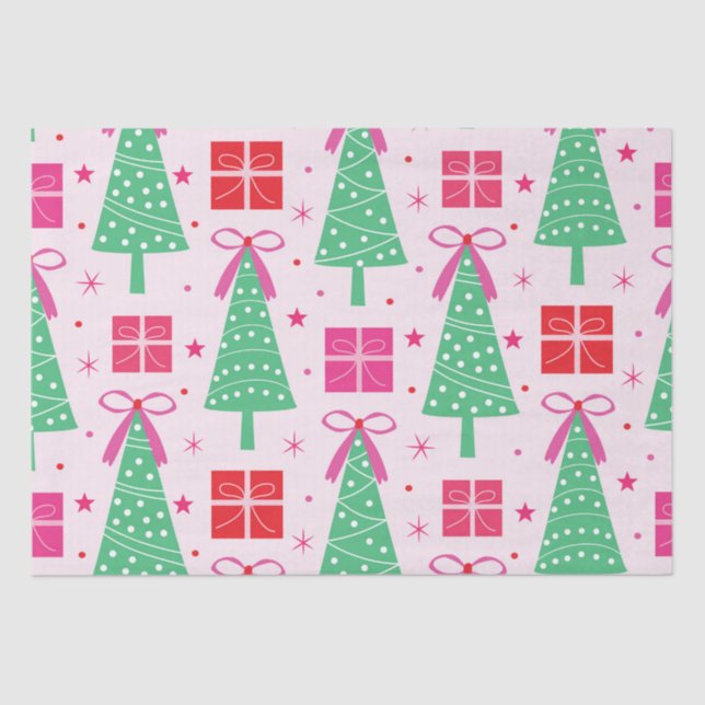 Preppy Christmas Trees with Pink Bows and Gift Box Tissue Paper (Front)