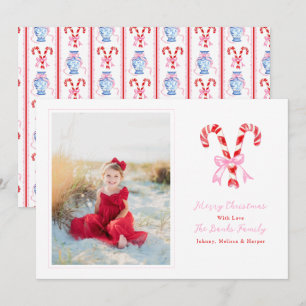 Preppy Christmas Watercolor Candy Canes Pink Bows Holiday Card