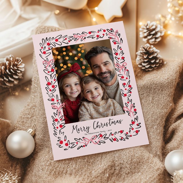 Preppy Christmas Wreath & Bows Photo Card (Whimsical Christmas Wreath holiday family photo card)