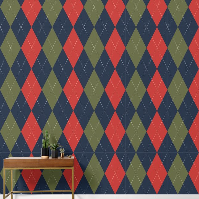 Preppy Classic Argyle Navy, Barn Red & Army Green Wallpaper (Hallway)