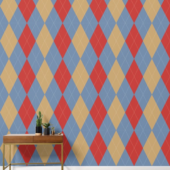 Preppy Classic Argyle Smoke Blue, Barn Red & Khaki Wallpaper (Hallway)