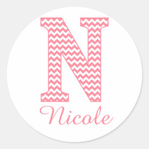 Preppy Classic Pink Chevon Letter N Monogram Round Sticker