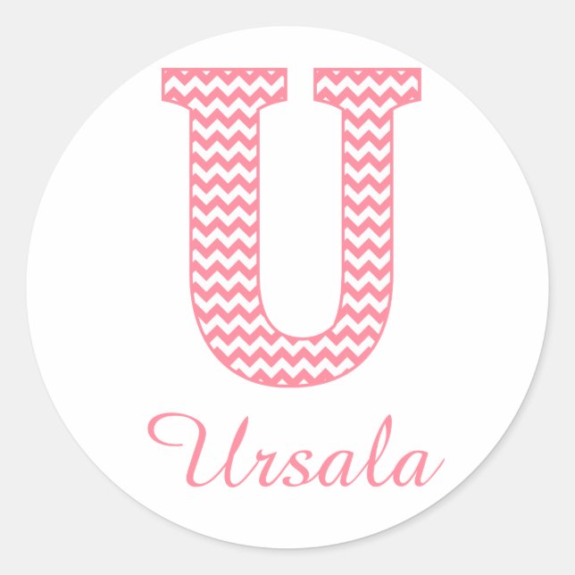 Preppy Classic Pink Chevon Letter U Monogram Round Sticker (Front)
